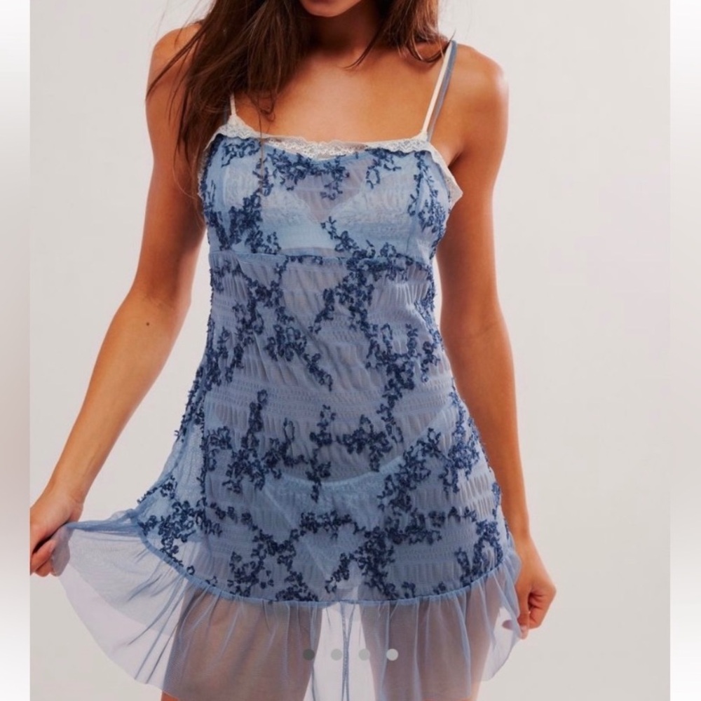 Free People Night We Met Embroidered Slip Dress Sheer Sexy Floral Medium GREAT